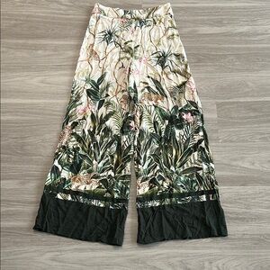 Green Floral Wide Leg Pants with High Waist
